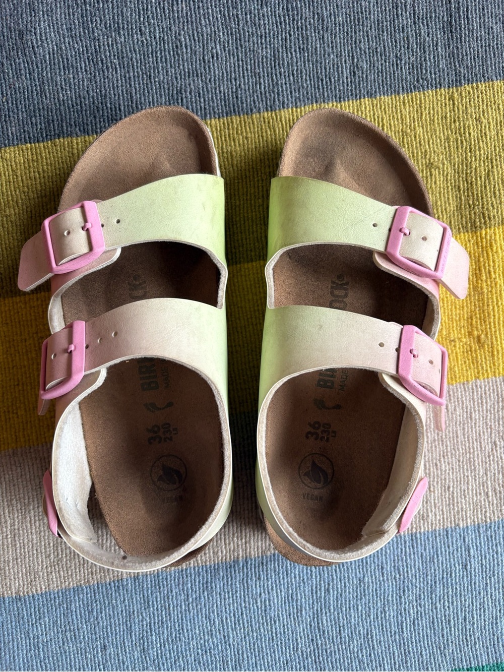 Birkenstock Kids Two-Strap Sandals in Pink and Light Green
